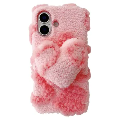 iPhone 17 Mobilskal 3D Heart Plush TPU Winter Warm Soft - Rosa