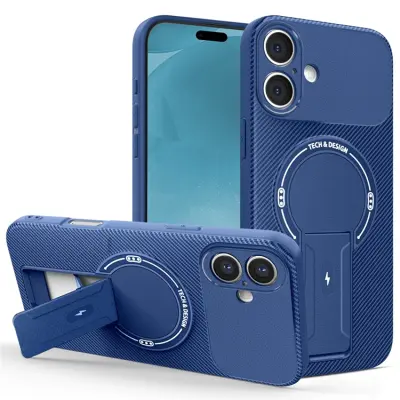 iPhone 17 Mobilskal MagSafe Kickstand Carbon Fiber - Blå