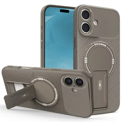 iPhone 17 Mobilskal MagSafe Kickstand Carbon Fiber - Brun