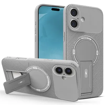 iPhone 17 Mobilskal MagSafe Kickstand Carbon Fiber - Grå