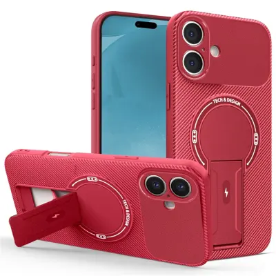 iPhone 17 Mobilskal MagSafe Kickstand Carbon Fiber - Röd