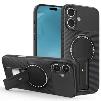 iPhone 17 Mobilskal MagSafe Kickstand Carbon Fiber - Svart