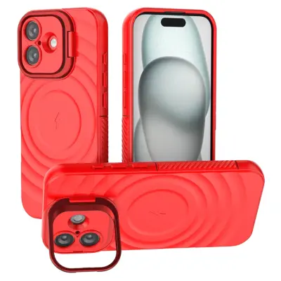 iPhone 17 Mobilskal MagSafe Ripple Texture Kickstand - Röd