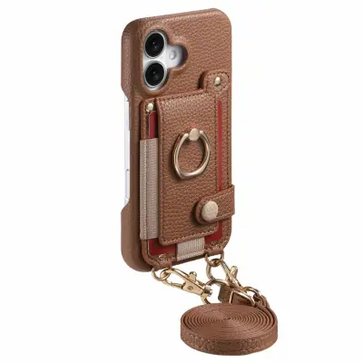 iPhone 17 Mobilskal med Korthållare Ring Kickstand (Brun)