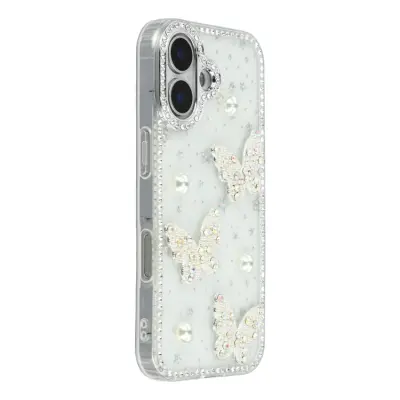 iPhone 17 Mobilskal Rhinestone Edge Pearl Butterfly