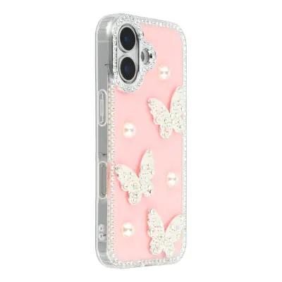 iPhone 17 Mobilskal Rhinestone Edge Pearl Butterfly