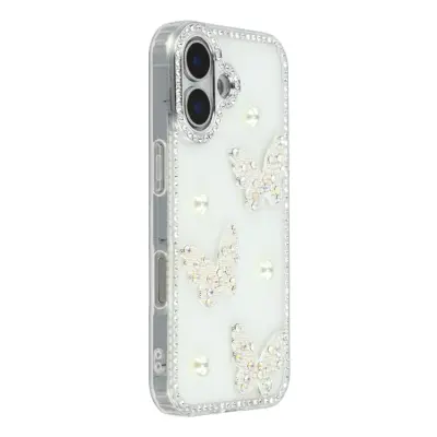 iPhone 17 Mobilskal Rhinestone Edge Pearl Butterfly