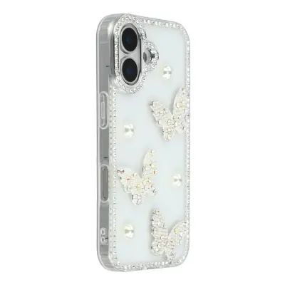 iPhone 17 Mobilskal Rhinestone Edge Pearl Butterfly