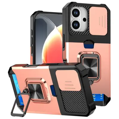 iPhone 17 Mobilskal Slide Lens Lid med Kortfack - Roséguld