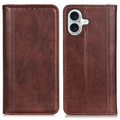 iPhone 17 Plånboksfodral Äkta Läder Litchi - Brun