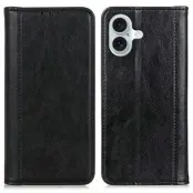 iPhone 17 Plånboksfodral Äkta Läder Litchi - Svart