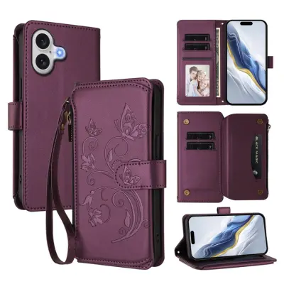 iPhone 17 Plånboksfodral Butterfly Floral Imprint - Lila