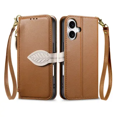 iPhone 17 Plånboksfodral Leaf Magnetiskt Spänne Konstläder - Brun (Brun)