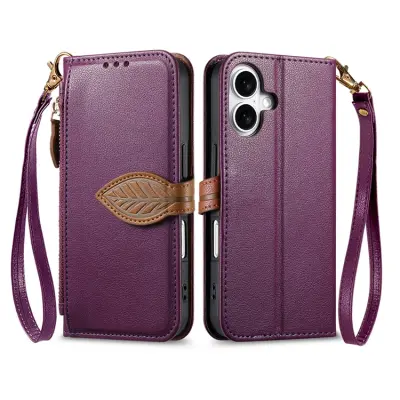 iPhone 17 Plånboksfodral Leaf Magnetiskt Spänne Konstläder - Lila (Lila)