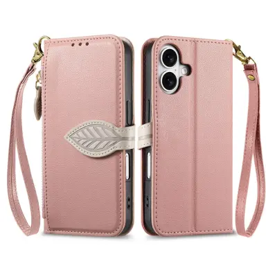 iPhone 17 Plånboksfodral Leaf Magnetiskt Spänne Konstläder (Roséguld)