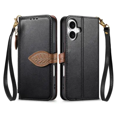 iPhone 17 Plånboksfodral Leaf Magnetiskt Spänne Konstläder (Svart)