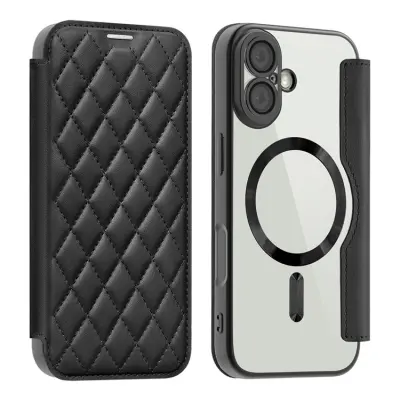 iPhone 17 Plånboksfodral MagSafe Rhombus Läder - Svart