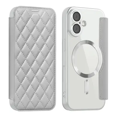 iPhone 17 Plånboksfodral MagSafe Rhombus Läder - Titanium Grå