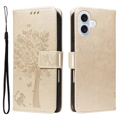 iPhone 17 Konstläder Plånboksfodral Tree Pattern - Guld