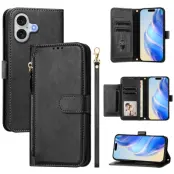 iPhone 17 Plånboksfodral Zipper Pocket Läder - Svart