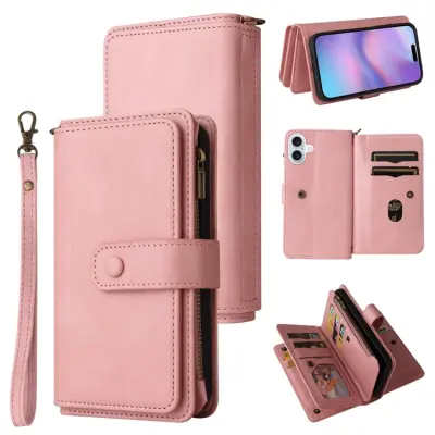 iPhone 17 Konstläder Plånboksfodral Zipper Rem (Rosa)