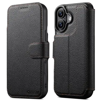 SUTENI iPhone 17 Konstläder Plånboksfodral MagSafe Detachable Litchi (Svart)