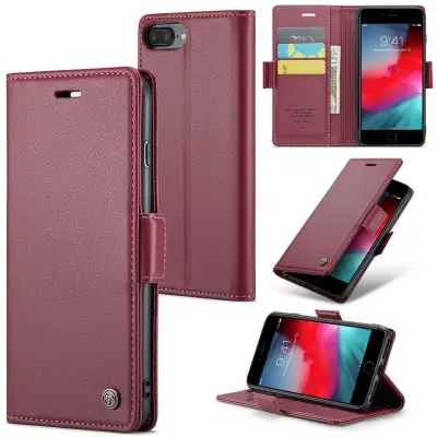 CASEME Plånboksfodral Konstläder för iPhone 6 Plus/6s Plus/7 Plus/8 Plus Röd