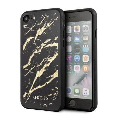 GUESS iPhone 7/8/SE 2020 Glitter Marble Glass - Svart