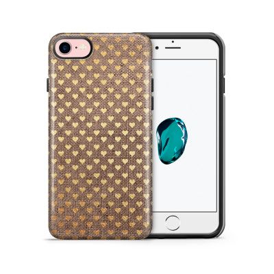 Tough mobilskal till Apple iPhone 7/8 - Canvas Hjärtan - Guld/Brun