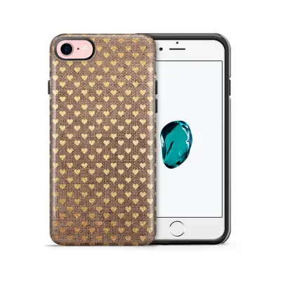 Tough mobilskal till Apple iPhone 7/8 - Canvas Hjärtan - Guld/Brun