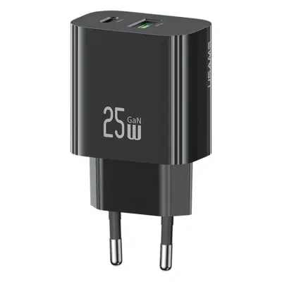 USAMS GaN Snabbladdare USB-C - USB-A 25W CC315 T65 EU - Svart