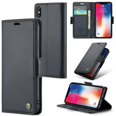 CASEME Series Plånboksfodral Konstläder för iPhone XS - Svart