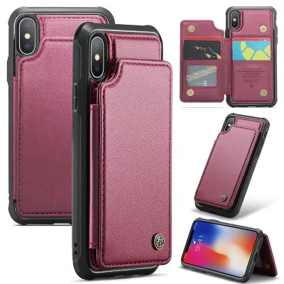 CASEME C22 iPhone X / XS Mobilskal Läder med RFID Kortfack - Röd