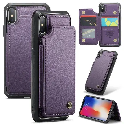 CASEME C22 iPhone X/XS Fodral KonstLäder RFID-Skydd- Lila