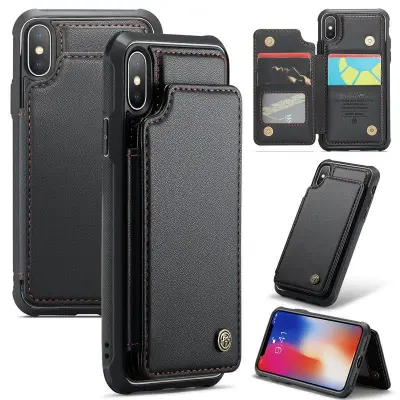 CASEME C22 iPhone X/XS Fodral Konstläder med RFID, Svart