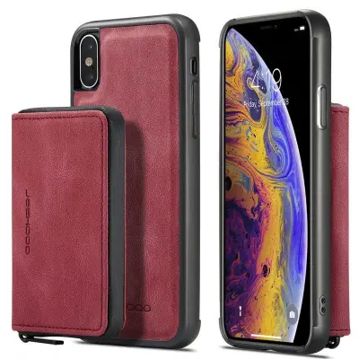 JEEHOOD iPhone X/XS Mobilskal med Kickstand Röd Leather Coated TPU