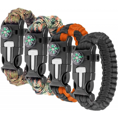 [4-PACK] Överlevnadsarmband Paracord l kompass, visselpipa, flintbrandstartare