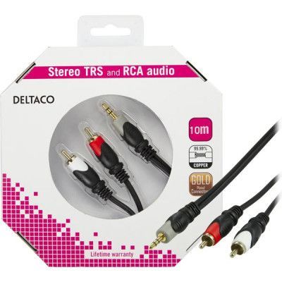 DELTACO ljudkabel 3,5mm ha - 2xRCA ha, guldplätterad, 10m
