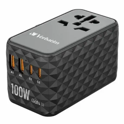 Verbatim Reseladdare GaN 100W PD 2xUSB-C 2xUSB-A EU/UK/US - Svart