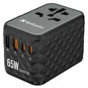 Verbatim Reseladdare GaN 65W PD 2xUSB-C 2xUSB-A EU/UK/US - Svart