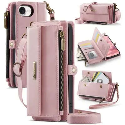 Caseme iPhone 16e Konstläder Plånboksfodral RFID-Skydd Zipper - Rosa