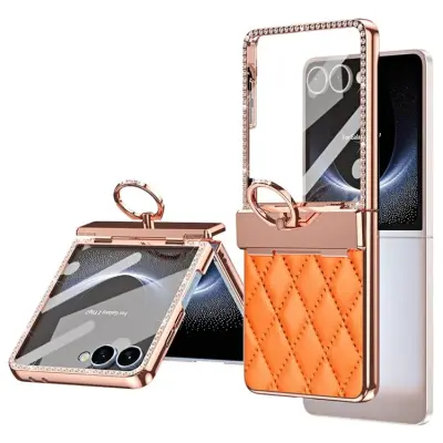 Galaxy Z Flip7 Mobilskal med Skärmskydd Ringhållare Rhinestone - Orange