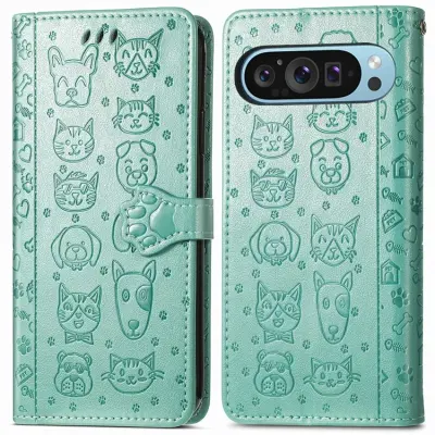 Google Pixel 10/10 Pro Plånboksfodral Cat Dog Pattern - Grön