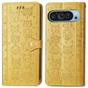 Google Pixel 10/10 Pro Plånboksfodral Cat Dog Pattern - Gul