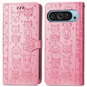 Google Pixel 10/10 Pro Plånboksfodral Cat Dog Pattern - Rosa