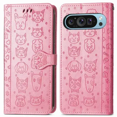 Google Pixel 10/10 Pro Plånboksfodral Cat Dog Pattern - Rosa