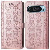 Google Pixel 10/10 Pro Plånboksfodral Cat Dog Pattern - Rosa Guld