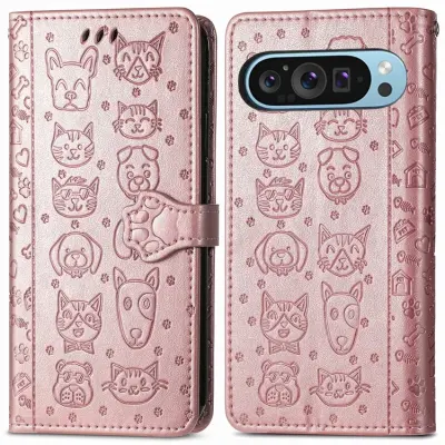 Google Pixel 10/10 Pro Plånboksfodral Cat Dog Pattern - Rosa Guld