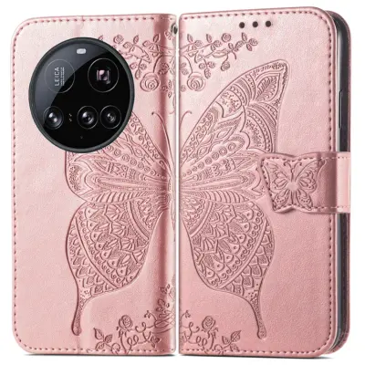Xiaomi 15 Ultra Plånboksfodral Butterfly Pattern - Rosa Guld