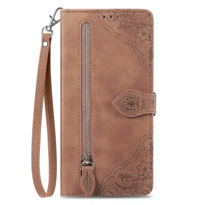 Xiaomi 15 Ultra Plånboksfodral Flower Imprint Zipper - Brun